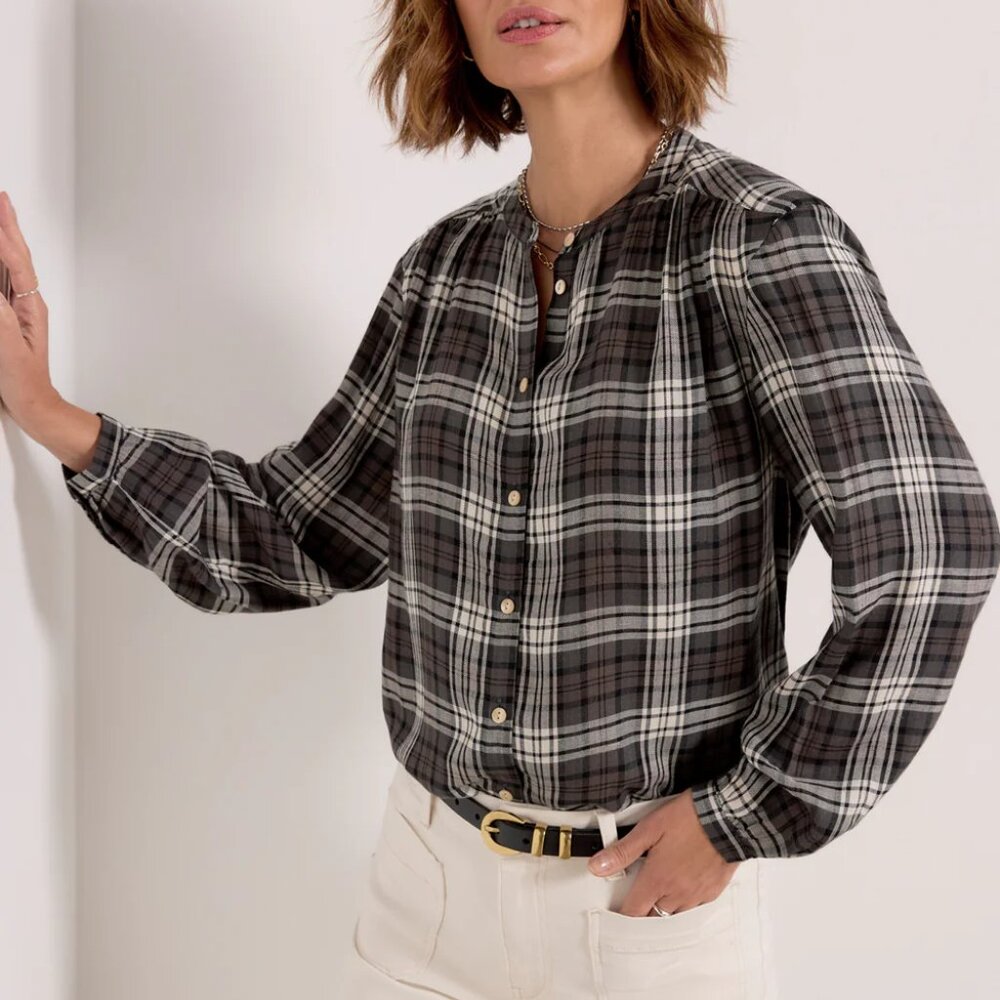 Faherty | Black/White Plaid Timberwood Modal/Linen Drift Blouse Large NWT